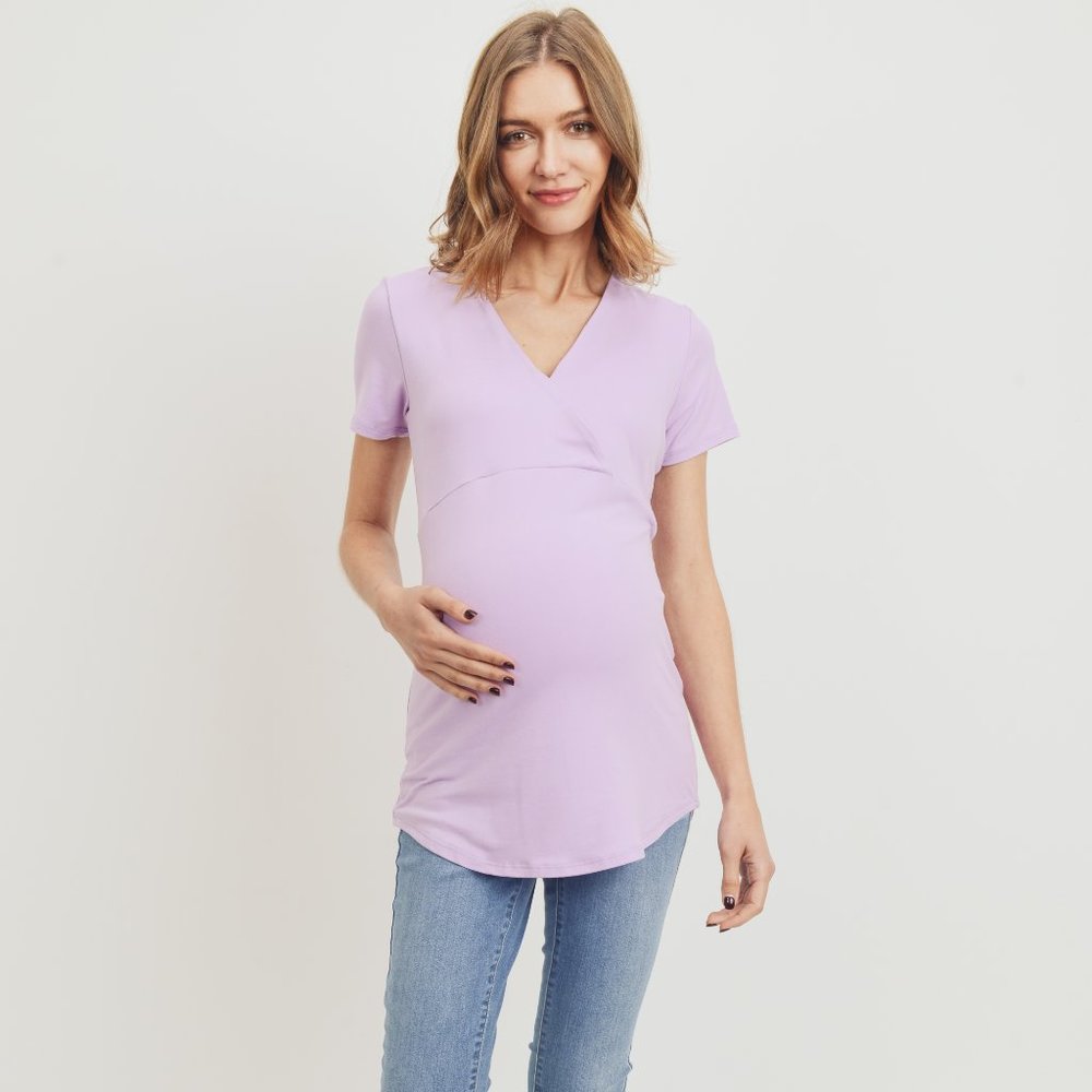 <CMT2004S> LAVENDER SHORT SLEEVE CROSS FRONT MATERNITY/NURSING TOP
